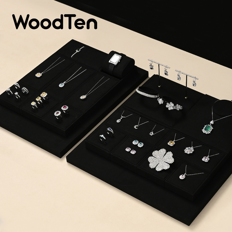 Jewelry And Watches Exhibition - WoodTen ライト高級ジュエリーディスプレイスタンドブラックマイクロファイバーイヤリングネックレス時計リングカウンター展示ジュエリーディスプレイ小道具